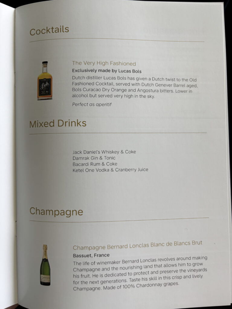KLM Business Class 777 menu