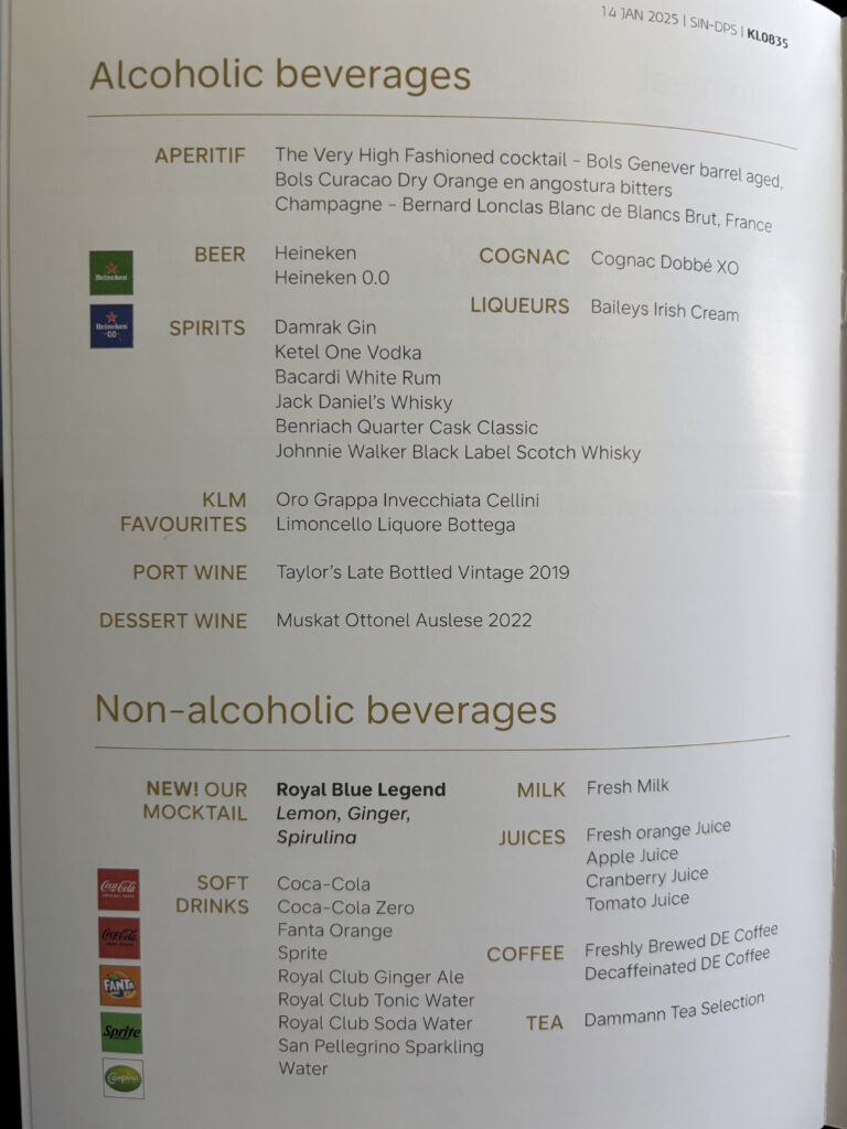 KLM Business Class 777 menu