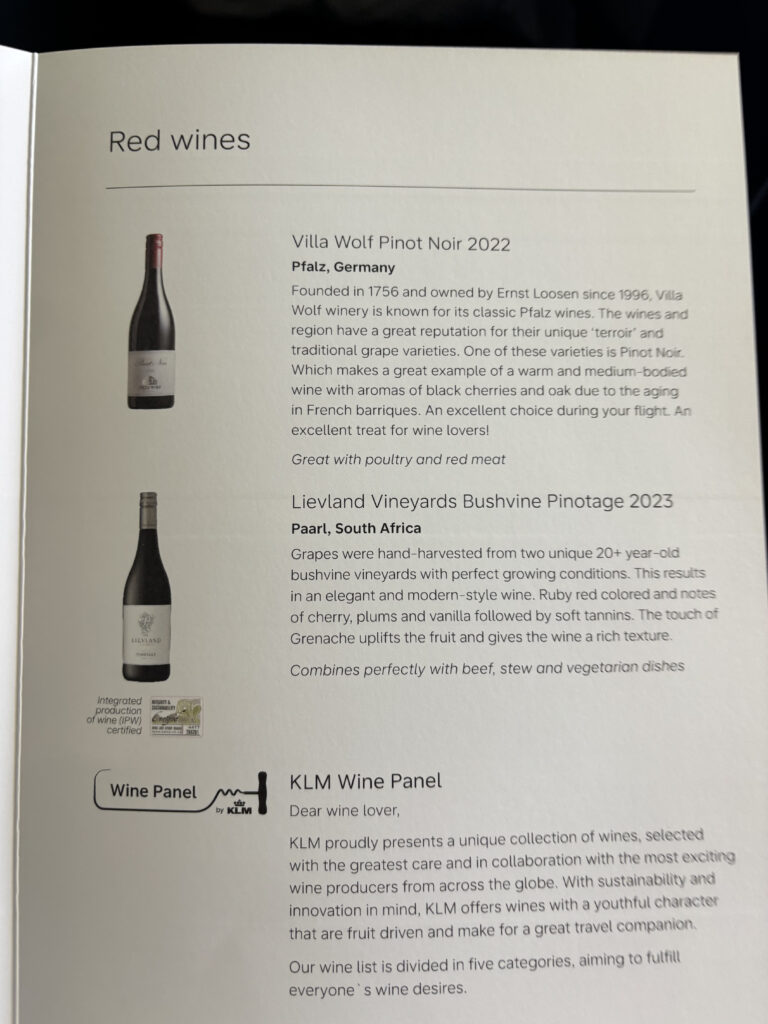 KLM Business Class 777 menu