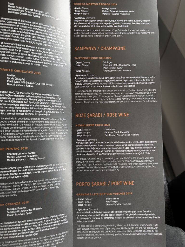 Turkish Airlines Business Class A350 Menu