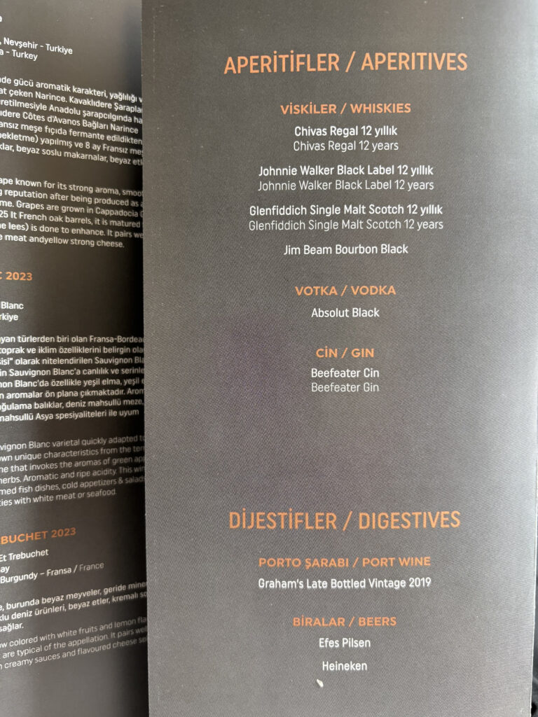 Turkish Airlines Business Class A350 Menu