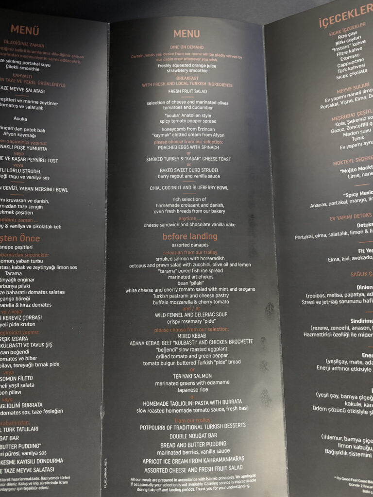 Turkish Airlines 787 Business Class Menu